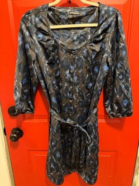 Express Black Dress with Blue Floral Abstract Print and Tie Waist